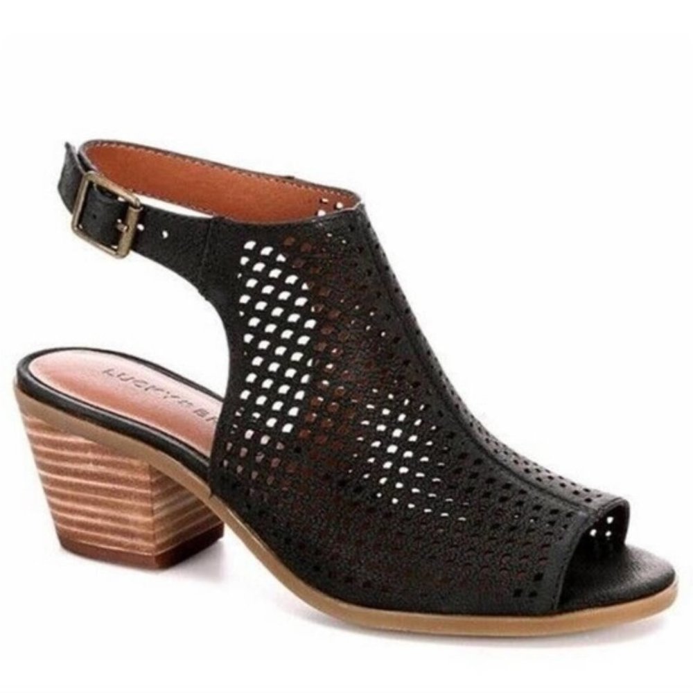 Lucky Brand Bertel Black Perforated Leather Peep Toe Block Heel Sandals - 8 / 38